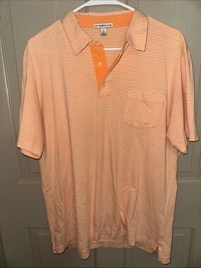 Peter Millar Men’s M Orange White Striped Pima Cotton Golf Polo Shirt